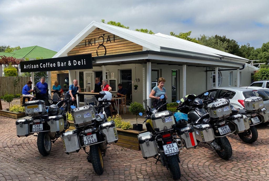 Into the Little Karoo 1 The group stop at an Artisan Coffee Bar with their bikes parked up outside.