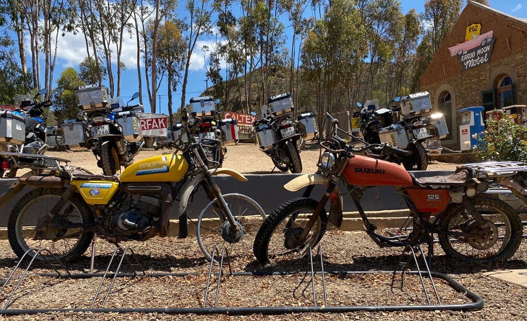 Into the little Karoo 2 A couple of rusty, retro bikes displayed outside a motel.