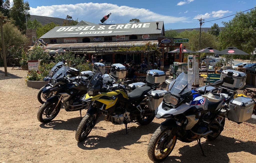 In the little Karoo 3 The group's bikes parked up in a row outside a biker café.