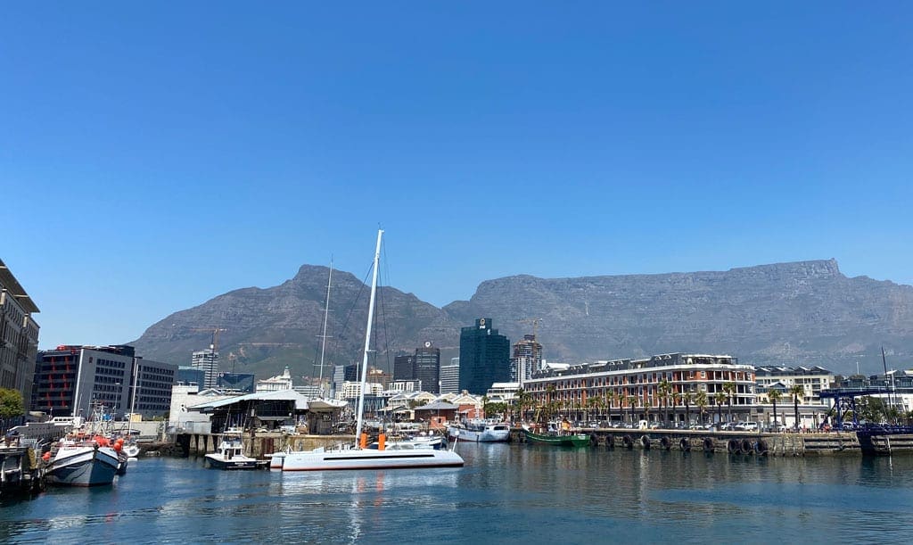 A scenic view of a harbour. 